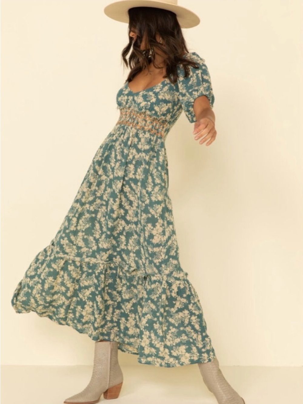 Free People Teal Floral Smocked Maxi Dress